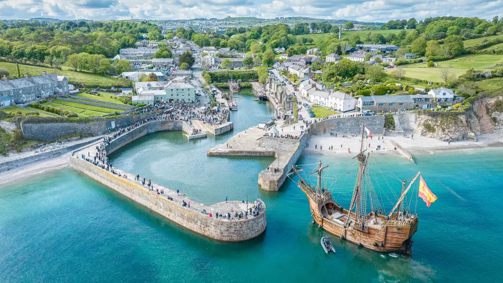 Aerial view of the Nao Santa Maria entering Charlestown Harbour in April 2026 - winning photograph by Harvey Dunstan HD Drone Photography