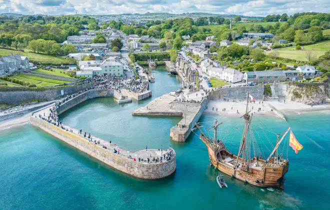 Aerial view of the Nao Santa Maria entering Charlestown Harbour in April 2026 - winning photograph by Harvey Dunstan HD Drone Photography